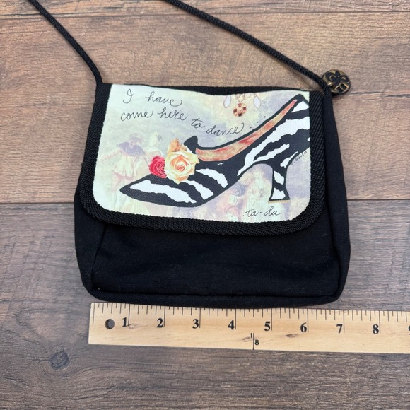 Whimsical Shoe Art Crossbody Shoulder Bag Black Canvas Graphic Strap Small Bag - Picture 8 of 10